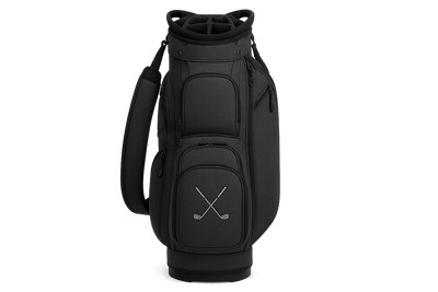 CHARCOAL GOLF BAG WITH A CLUB EMBROIDERY ON FRONT BALL-POCKET, TRNASPARENT BACKGROUND AND SIZE FOR A WEBSITE ECOMMERCE PRODUCT
