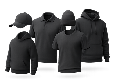 charcoal hat, polo shirt, beanie, hoodie and tshirt all transparent backgroudn and a 3d mockup look