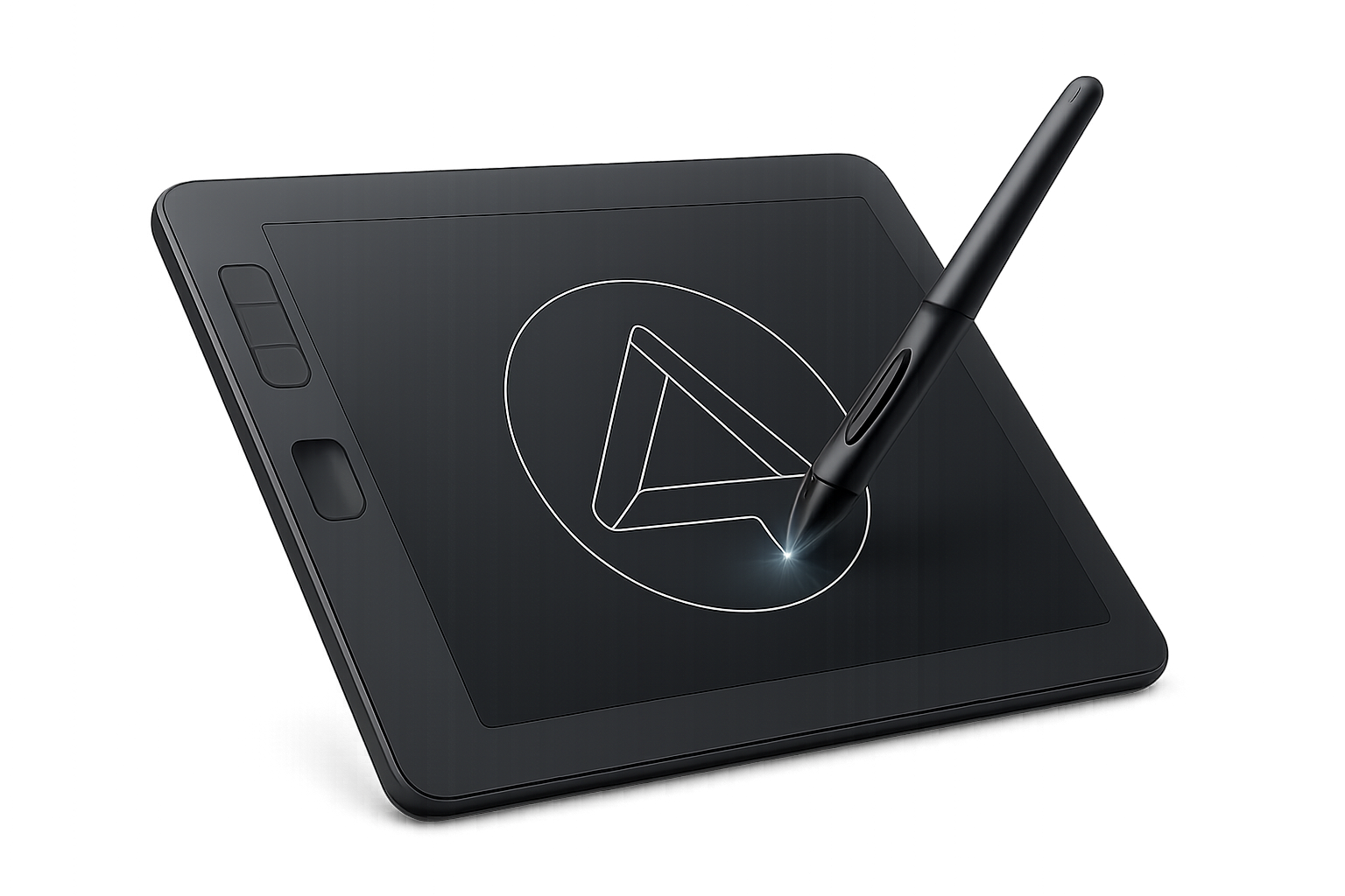 charcoal tablet with a pen drawing a logo transparent background