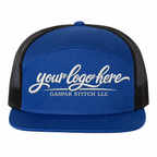 Blue trucker hat with 'your logo here' text and 'Gaspar Stitch LLC' branding on a white background