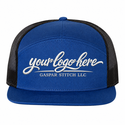 Blue trucker hat with 'your logo here' text and 'Gaspar Stitch LLC' branding on a white background