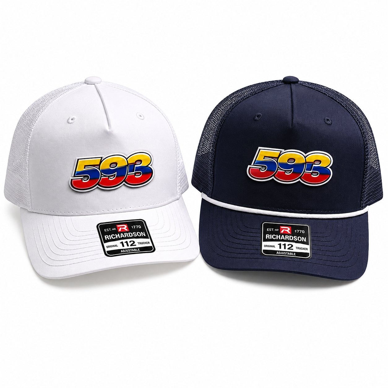 Two baseball caps with '593' logo on a white background