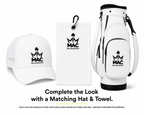 A white golf bag and a white baseball cap, both printed with a black crown logo and the text 'MAC MACADDY', shown on a white background with a matching towel and promotional text below.