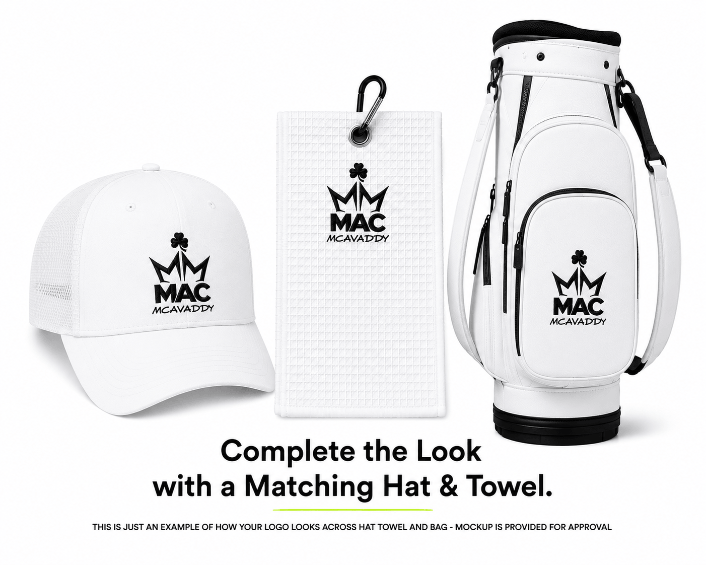 A white golf bag and a white baseball cap, both printed with a black crown logo and the text 'MAC MACADDY', shown on a white background with a matching towel and promotional text below.