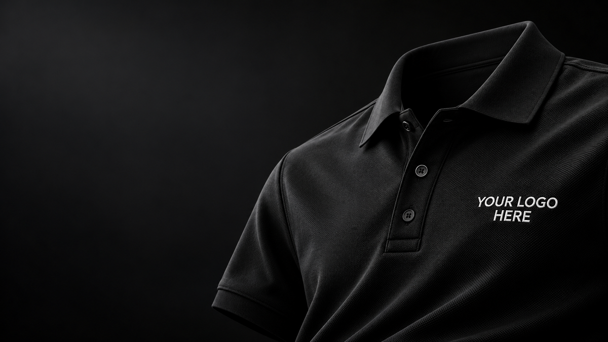 A black short-sleeve polo shirt shown on a dark studio background, with white placeholder text on the chest reading 'YOUR LOGO HERE'.
