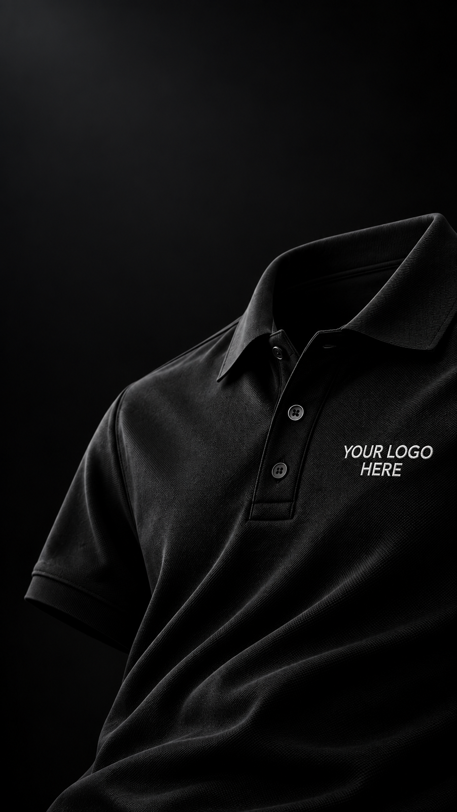 A close-up of a black short-sleeve polo shirt on a dark background, featuring a collar, two-button placket, and white placeholder text on the chest reading 'YOUR LOGO HERE'.
