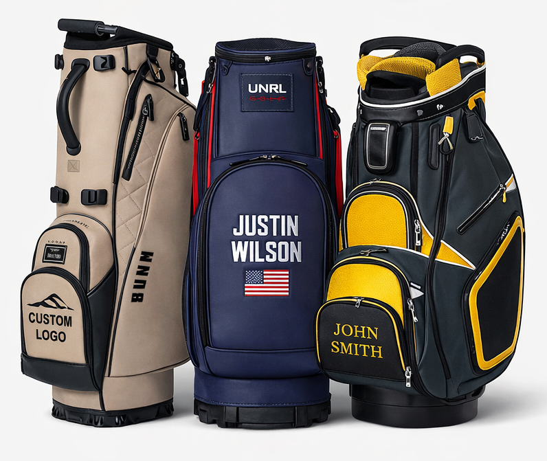 Custom embroidered golf bag pocket showing personalized name and logo stitching