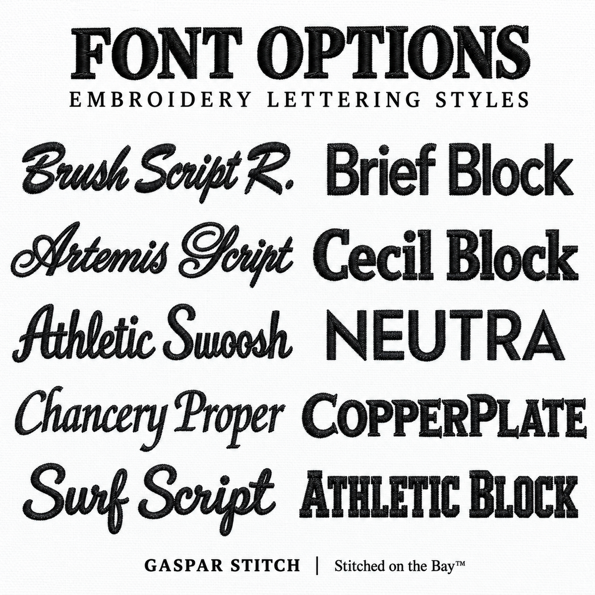 Available embroidery lettering fonts chart