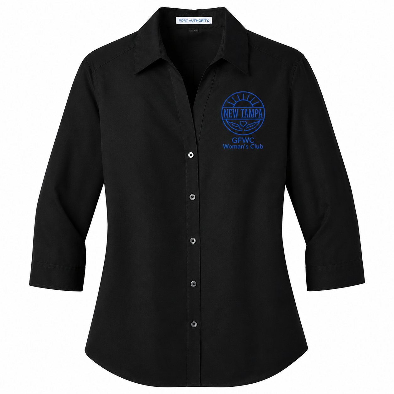 Black shirt with blue embroidered logo on a white background