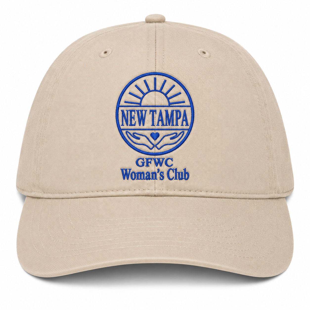 Beige cap with blue embroidered text and logo on a white background