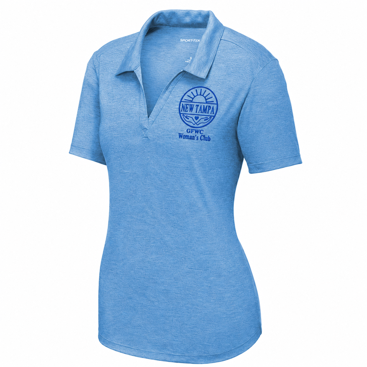 Blue polo shirt with a logo on a white background