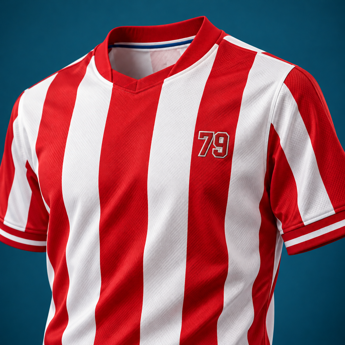 A close-up of a short-sleeve soccer jersey with bold red and white vertical stripes, featuring the number 79 on the left chest, set against a dark blue background.