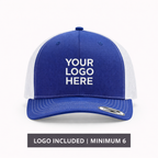 Blue and white cap with 'Your Logo Here' text on a white background