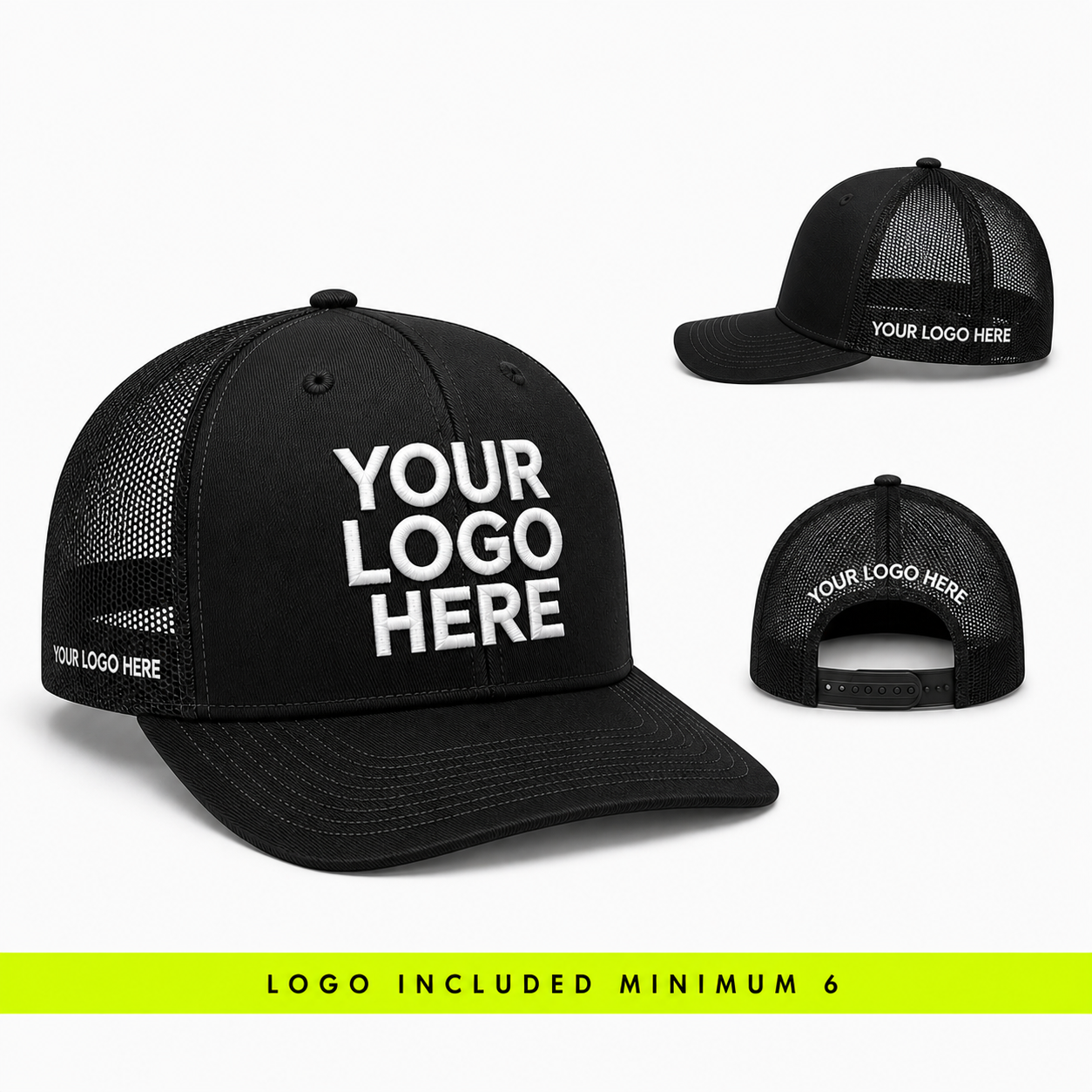 Black baseball cap with 'Your Logo Here' text on a white background