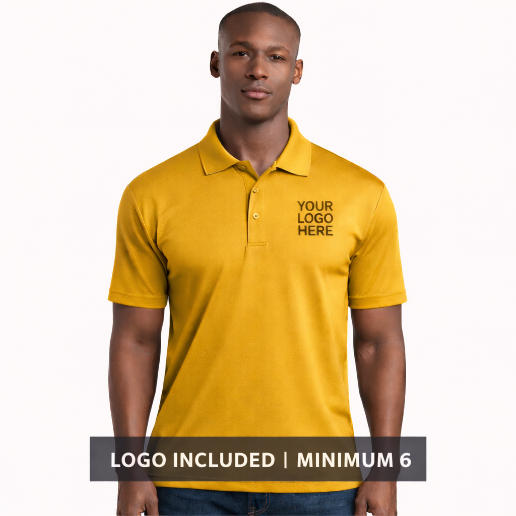 Yellow polo shirt with 'Your Logo Here' text on a white background