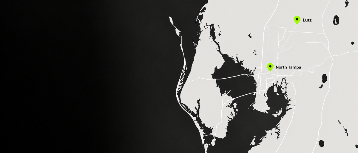 A minimalist black and white map graphic showing the Florida peninsula and surrounding water, with small green pin markers labeled 'Lutz' and 'North Tampa'.
