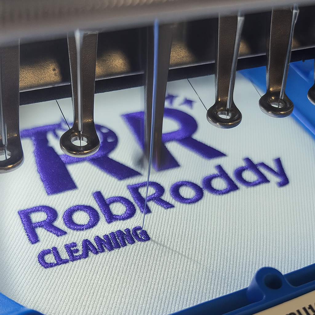 Embroidery machine needle plate with 'Rob Roddy Cleaning' text