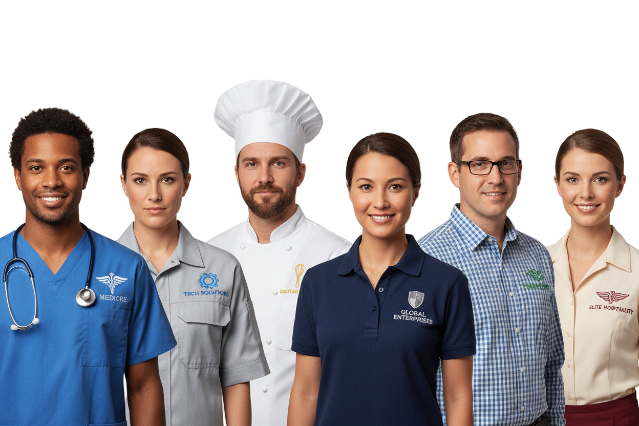 dont repeat faces and all needs to have a logo on left chest minimum