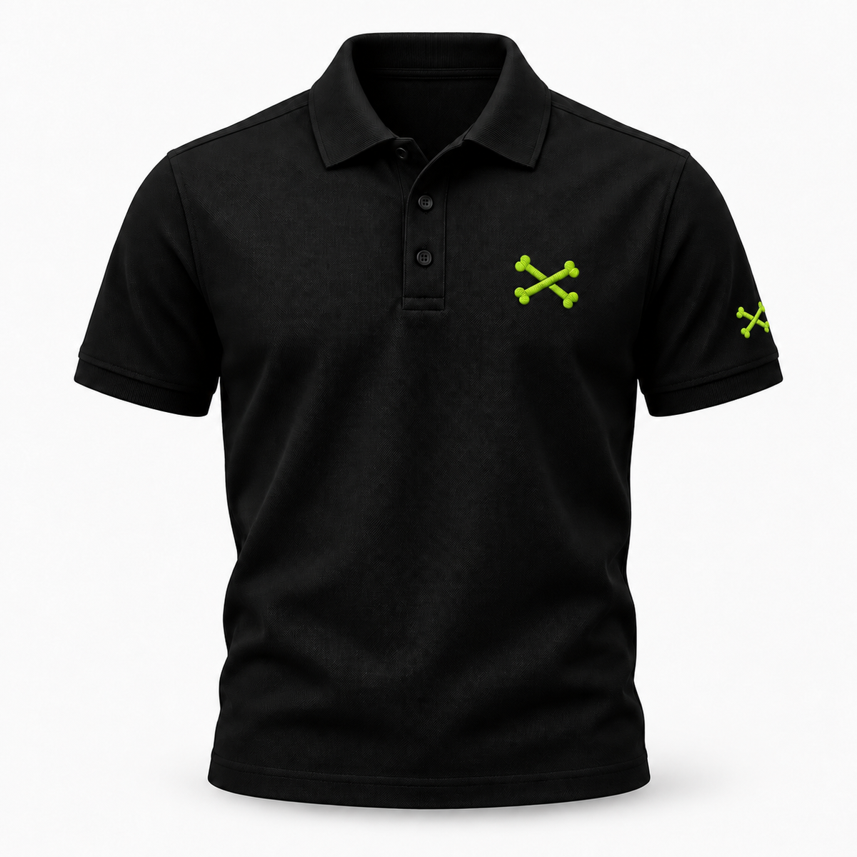 A black short-sleeve polo shirt with a three-button placket, featuring a small lime green crossed-bone logo on the left chest and a matching logo on the right sleeve, shown on a plain white background.