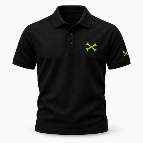 A black short-sleeve polo shirt with a three-button placket, featuring a small lime green crossed-bone logo on the left chest and a matching logo on the right sleeve, shown on a plain white background.