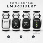 Four customizable golf bags with embroidered designs on a white background