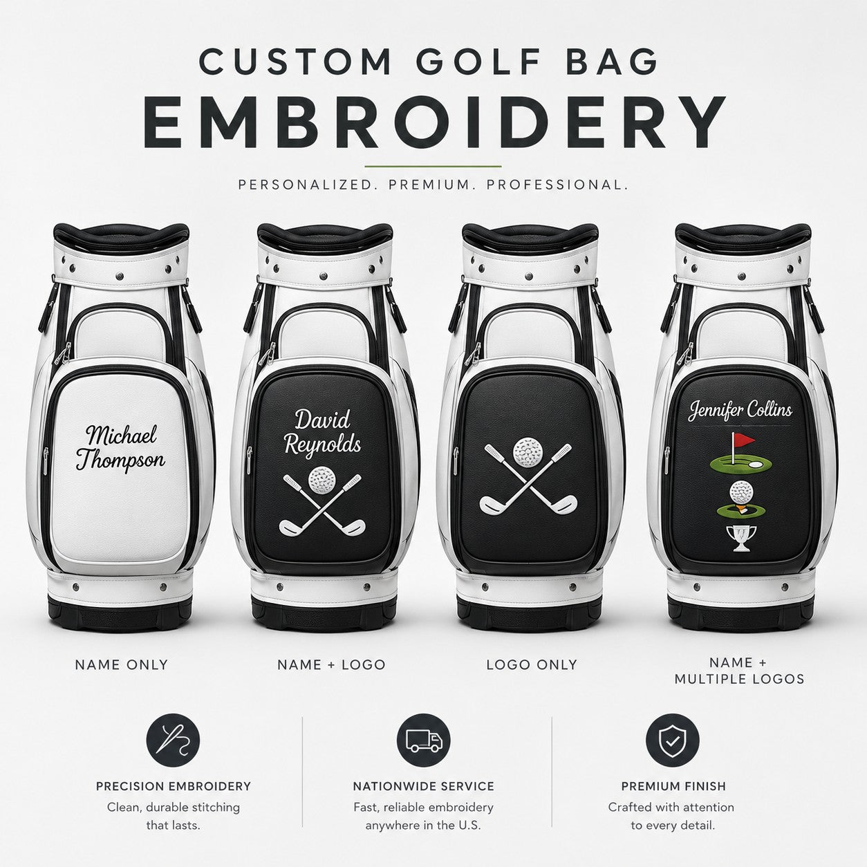 Four customizable golf bags with embroidered designs on a white background