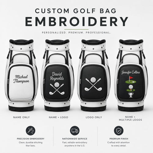 Four customizable golf bags with embroidered designs on a white background