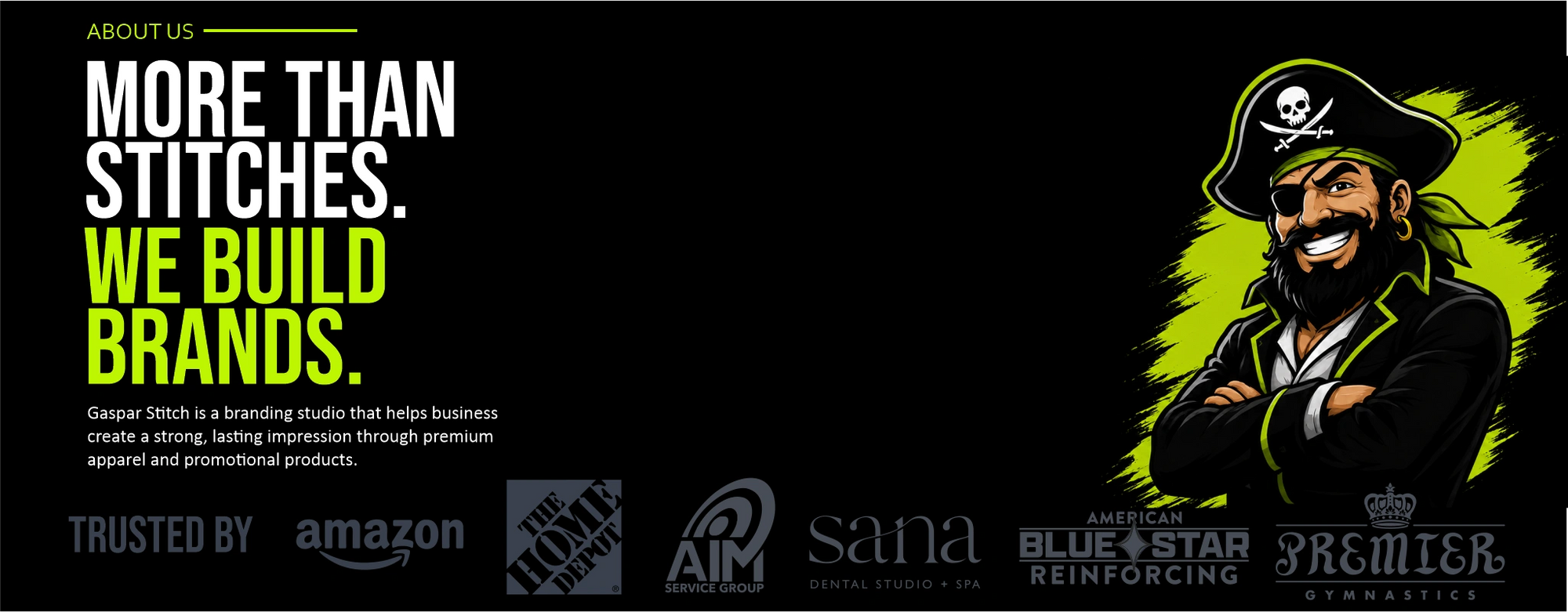 Promotional banner with a pirate-themed character and text about branding services.
