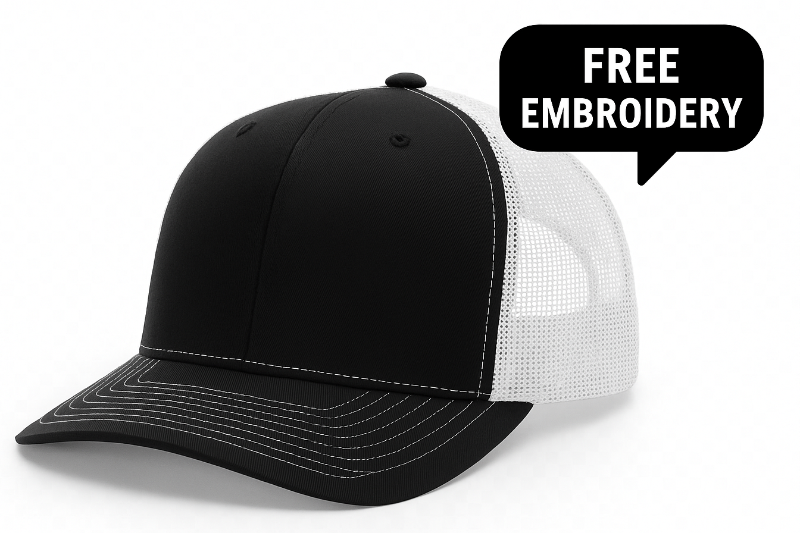 TRANSPARENT BACKGROUND  AND ADD A BUBLE THAT SAYS FREE EMBROIDERY, BLACK BUBLE WHITE TEXT ON THE TOP RIGHT CORNER